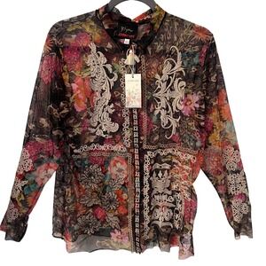 Johnny Was NWT Mazzy Embroidered Floral Button-Front Blouse. Women's Medium
